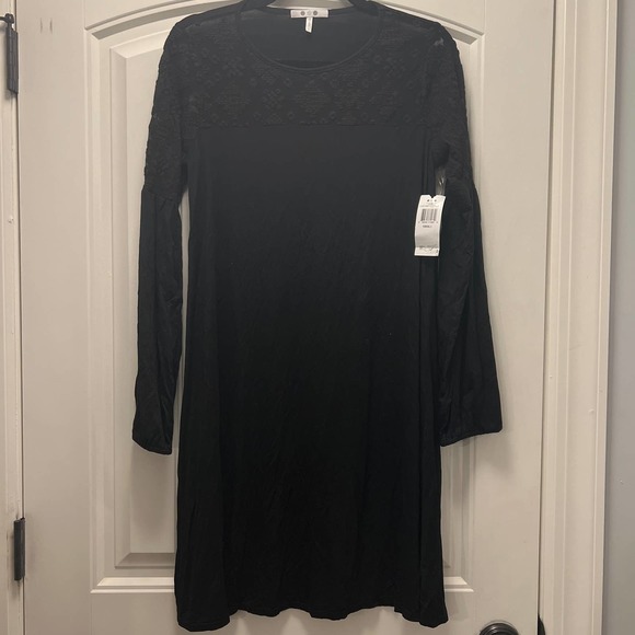 NEW 3 Dots Women's Black Lace Long Sleeve Crewneck Pullover‎ Midi Dress Size S - Picture 1 of 6